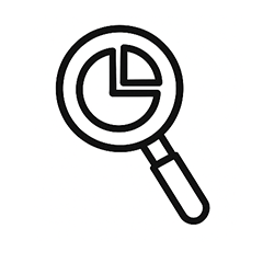 Exeligmos: Leistungen. Icon Analyse: Lupe mit Tortendiagramm. Analyse der Anforderungen