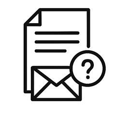 Exeligmos: Leistungen. Icon Anfrage: Brief mit einem Fragezeichen. Kontakt per via E-Mail oder Kontaktformular
