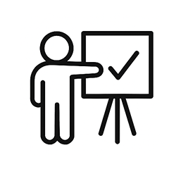 Exeligmos: Leistungen. Icon Umsetzung: Eien PErson präsentiert am Chart. Projektbegleitiung. Sicherstellen einer reibungsloden Umsetzung.