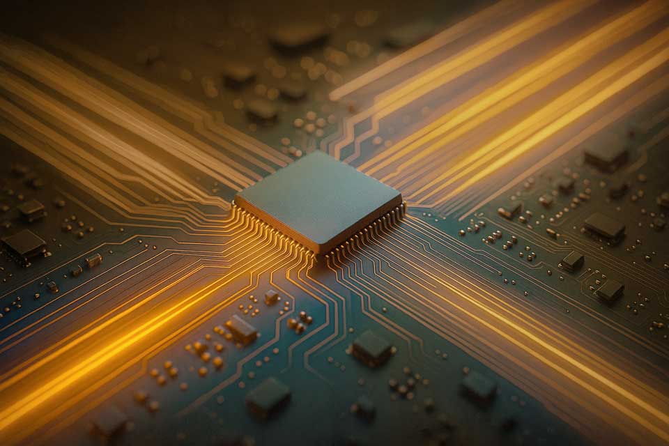 Exeligmos: Leistungen und Fokusthemen. Close Up Abbildung eines Chips: Thema Elektronik