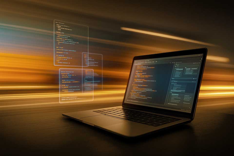Exeligmos: Leistungen und Fokusthemen. Abbildung eines Laptops mit laufenden Programmen: Thema IT und Software