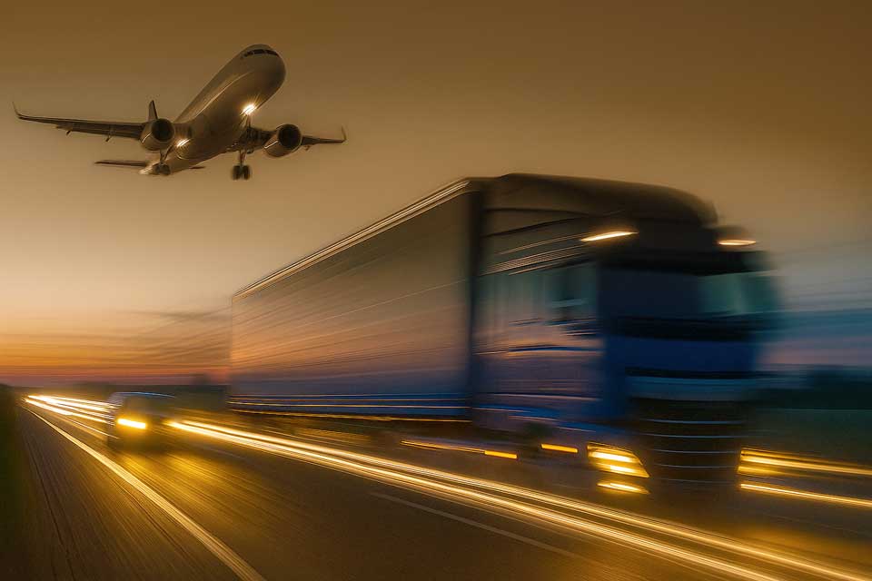 Exeligmos: Leistungen und Fokusthemen. Abbildung mehrerer Transportmittel, Flugzeug, LKW, Auto: Thema Mobilty