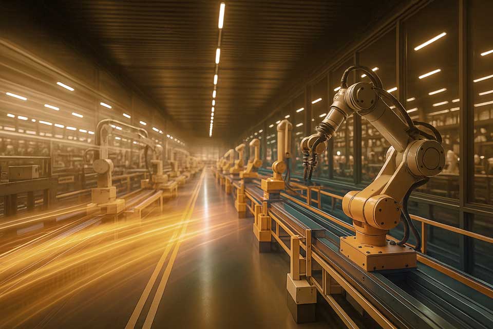 Exeligmos: Leistungen und Fokusthemen. Abbildung einer Produktionshale mir Robotern : Thema Produktion