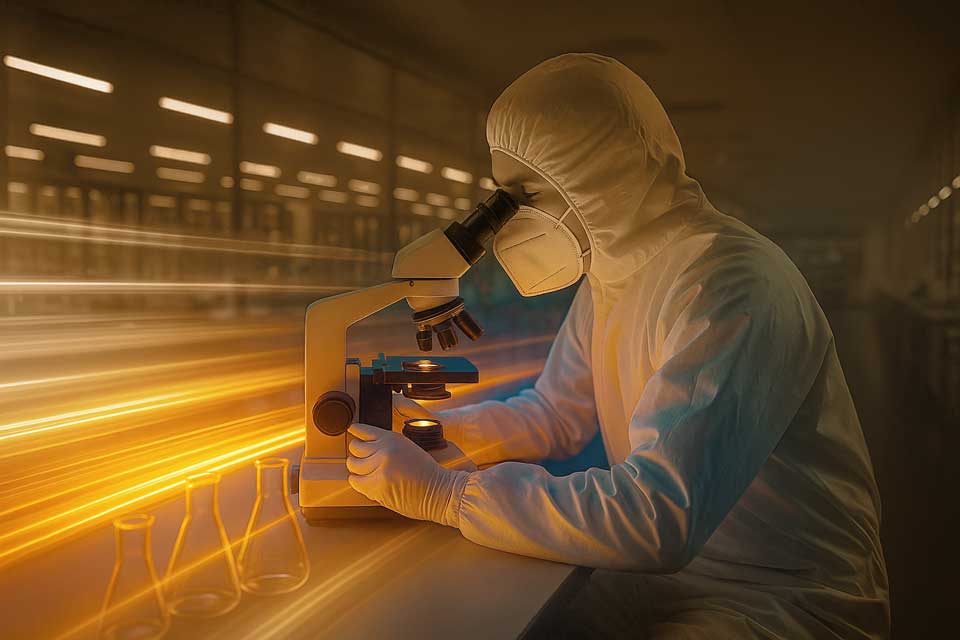 Exeligmos: Leistungen und Fokusthemen. Abbildung eines wissenschaftlichen Mitarbeiters am Mikroscop : Thema Wissenschaft